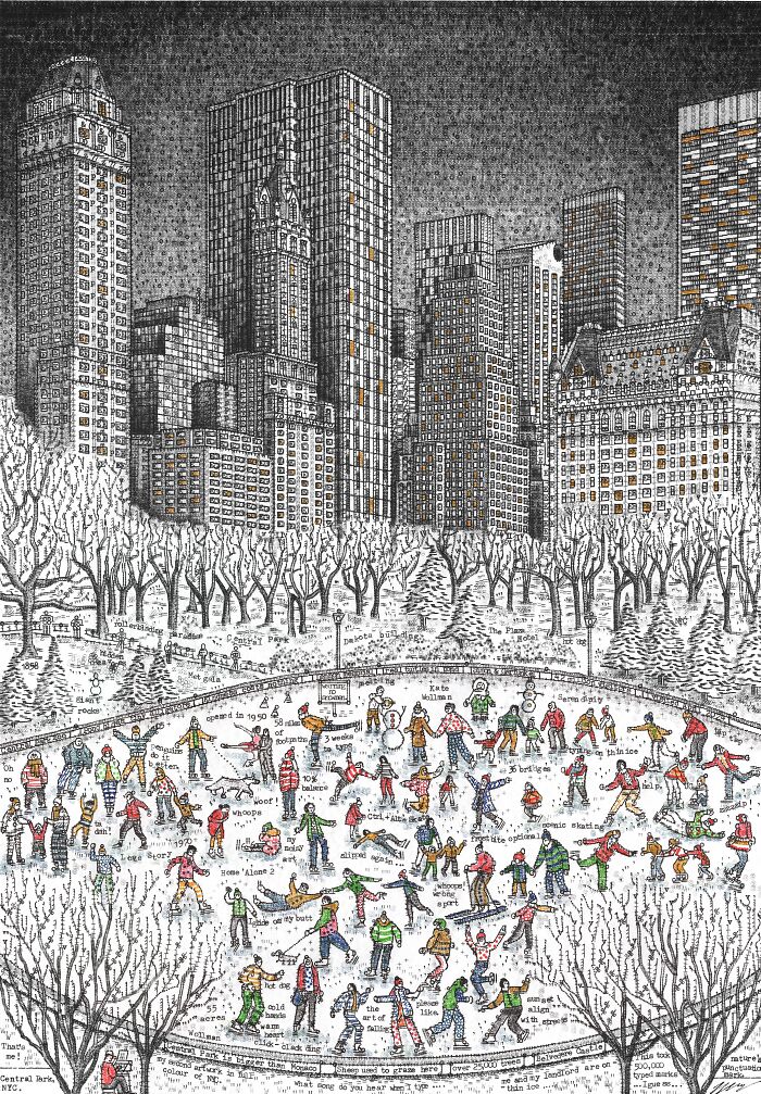 Full view of elaborate Typewriter Art depicting an ice-skating rink in a city park surrounded by tall buildings.