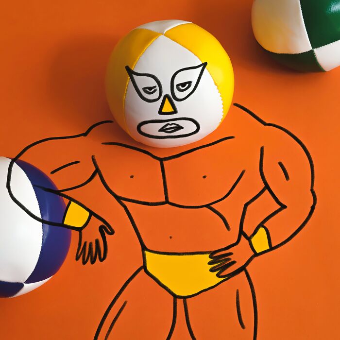 Playful illustrations featuring small juggling balls as a wrestler's head by Romain Joly