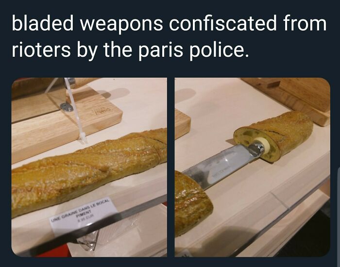 A baguette that secretly contains a knife, representing dangerous and forbidden foods.
