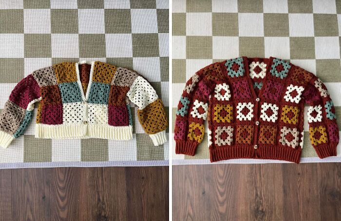 Two crocheted granny square cardigans in fall colors with button closures