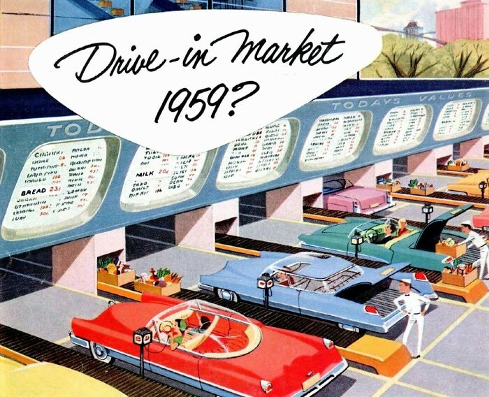 Retrofuturistic image of a drive-in market from 1959, depicting past imaginations of future shopping.