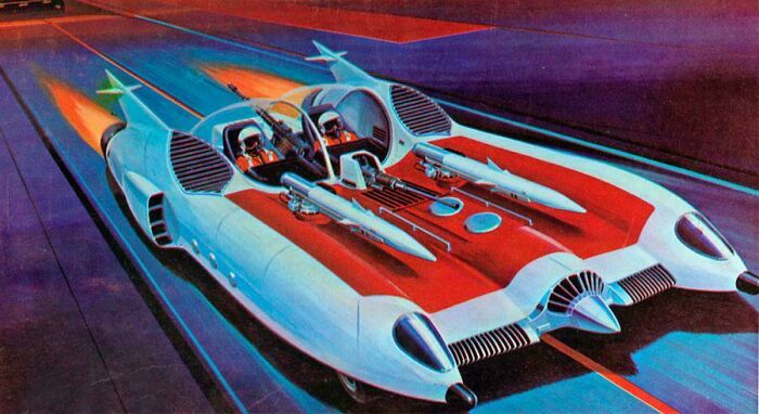 Retrofuturistic image displaying a sleek, weaponized imagined future vehicle on a futuristic road.