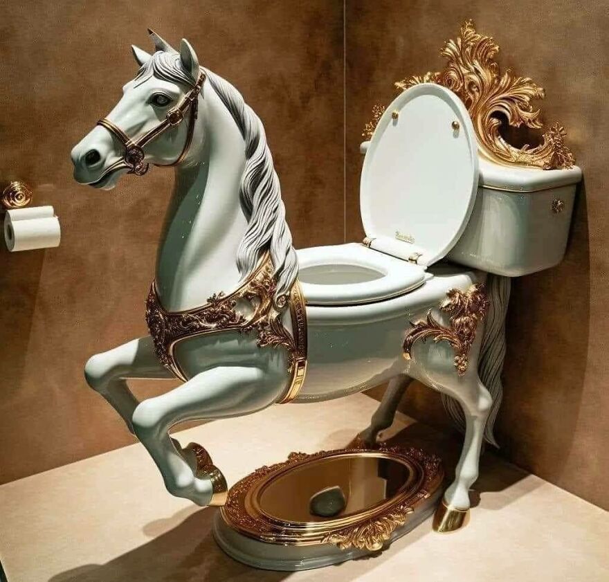 A luxurious horse-shaped toilet with gold accents, an uncomfortable and disturbing pic.
