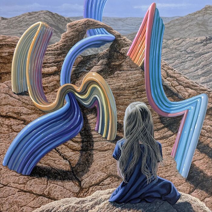 A young girl sits observing colorful, flowing ribbons in a barren landscape, a surreal painting by Wiley Wallace.