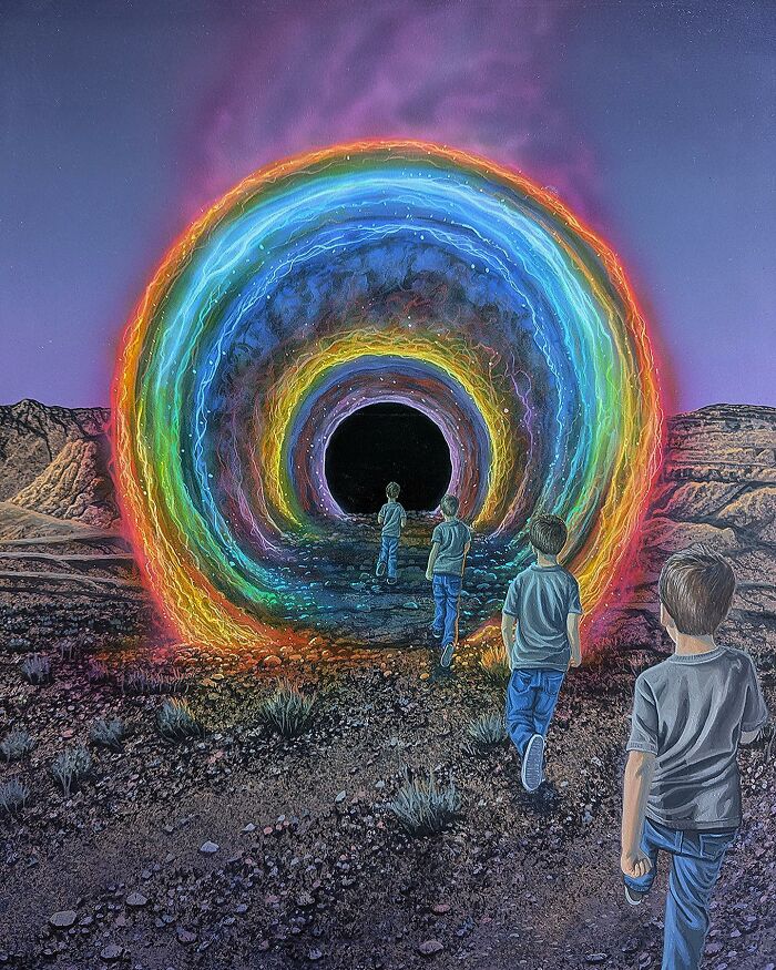 Four boys approach a vibrant, rainbow-colored portal in a desert landscape, a surreal painting by Wiley Wallace.