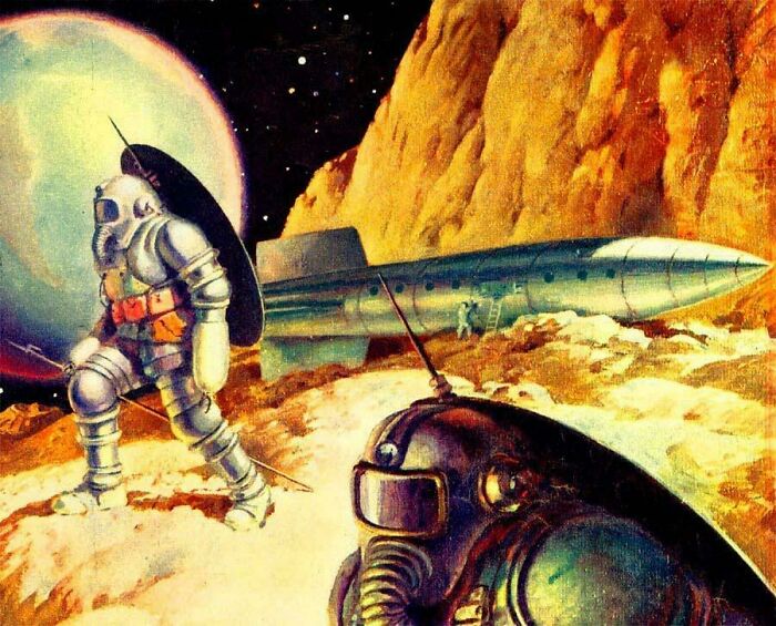 Retrofuturistic image of two astronauts on a moon-like surface with a spaceship and a planet in the background, showing a past imagined future.