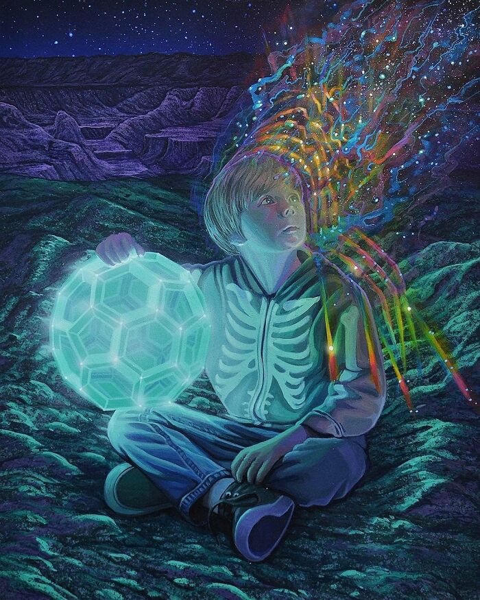 Wiley Wallace surreal painting of a child holding a glowing geometric sphere, with colorful energy emanating from their head, under a starry sky.