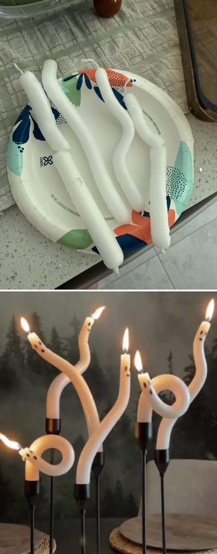 A comparison of melted, warped white candles on a paper plate next to an image of elegantly twisted candles, a DIY fail example.