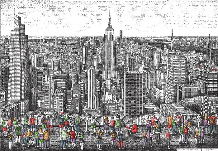 New York City skyline with many people on a rooftop in the foreground, all rendered in detailed typewriter art.