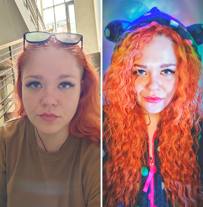 A woman looking completely different after leaving unhappy marriages, before and after photos.
