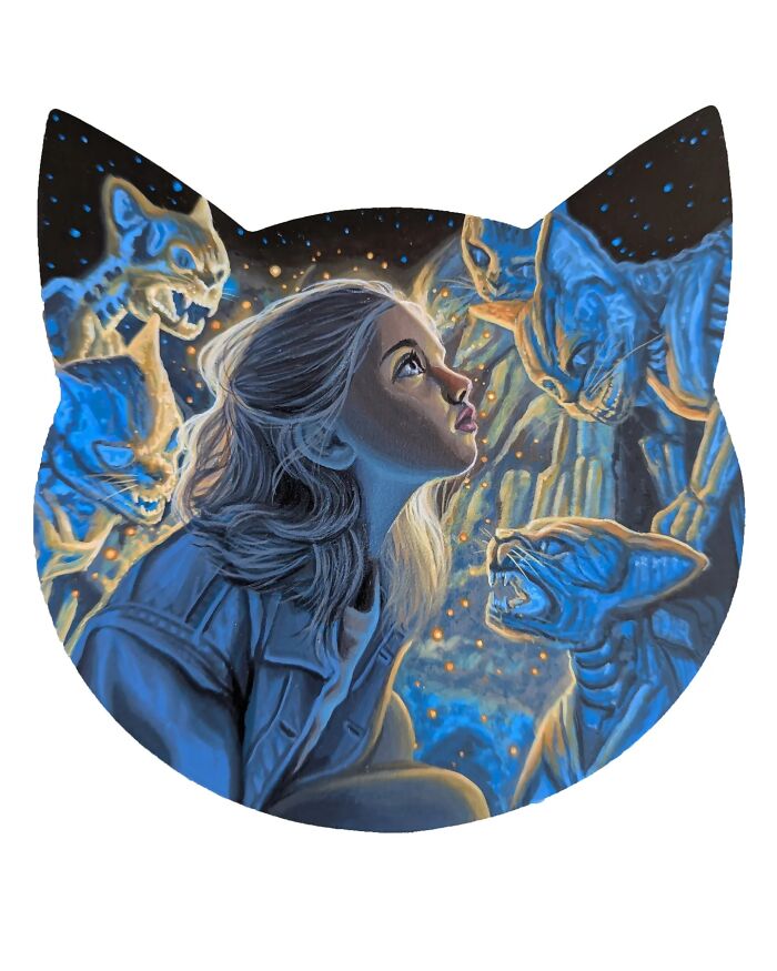 Surreal paintings by Wiley Wallace: A woman looking up, surrounded by glowing cat-like creatures, shaped like a cat's head.