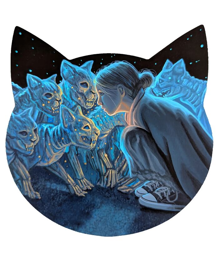 A girl surrounded by several glowing cat-like figures within a surreal painting by Wiley Wallace, set in an alternate reality.