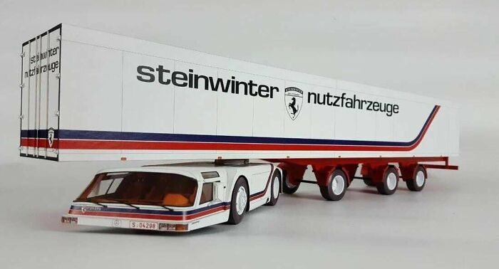 Retrofuturistic image of a sleek white Steinwinter semi-truck imagining the future of transportation.