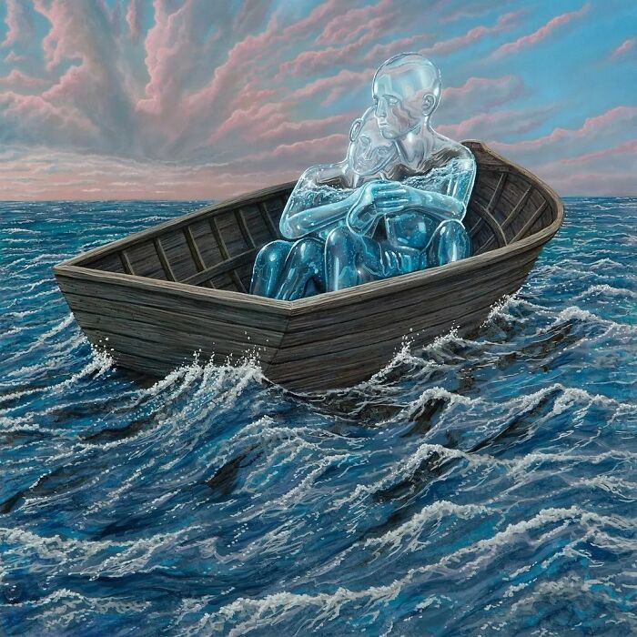 Two translucent figures embracing in a small boat on a rough sea, a surreal painting by Wiley Wallace.