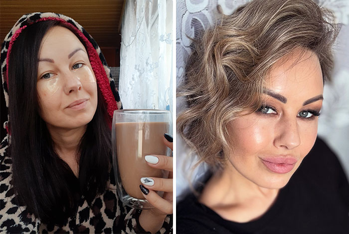 A woman looking completely different after leaving unhappy marriages, demonstrating a glowing transformation with new makeup and hair.