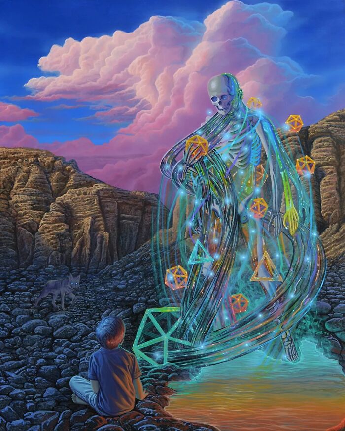 Wiley Wallace surreal painting depicting a boy observing a glowing skeletal figure with geometric shapes in an alternate reality.