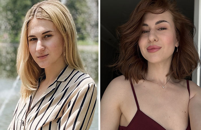 A woman looking completely different after leaving unhappy marriages, before and after.