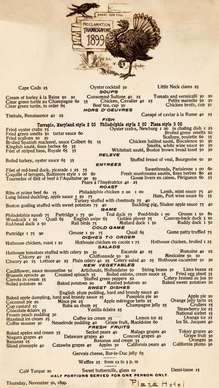 Thanksgiving Menu At Plaza Hotel NYC, 1899