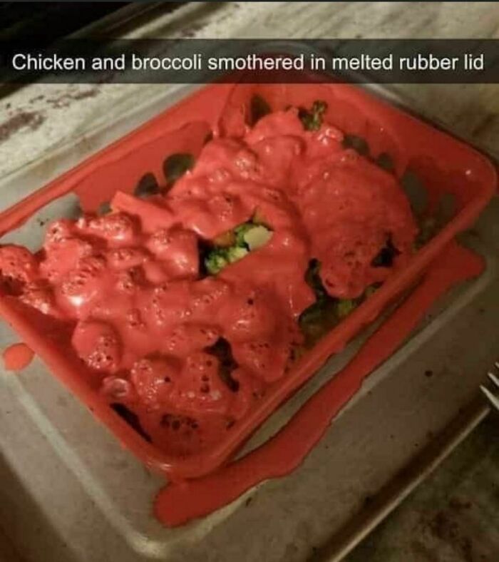 Chicken and broccoli smothered in melted red rubber lid, a visually unappetizing sight, depicting forbidden foods.
