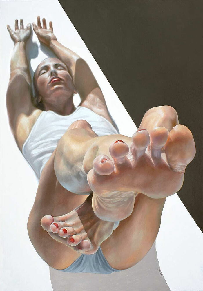 Michel Devanakis painting showing extreme perspective of a woman lying down with oversized feet in the foreground
