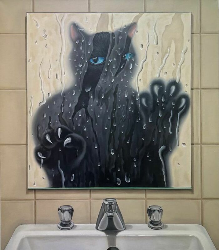 A black cat with blue eyes and sharp claws presses against a wet, tiled shower door, a surreal moment.