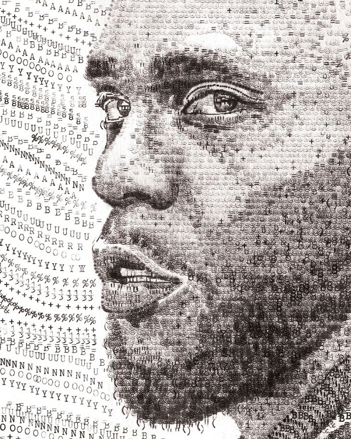 Typewriter art close-up of a man's face in profile, intricately detailed with characters and symbols.