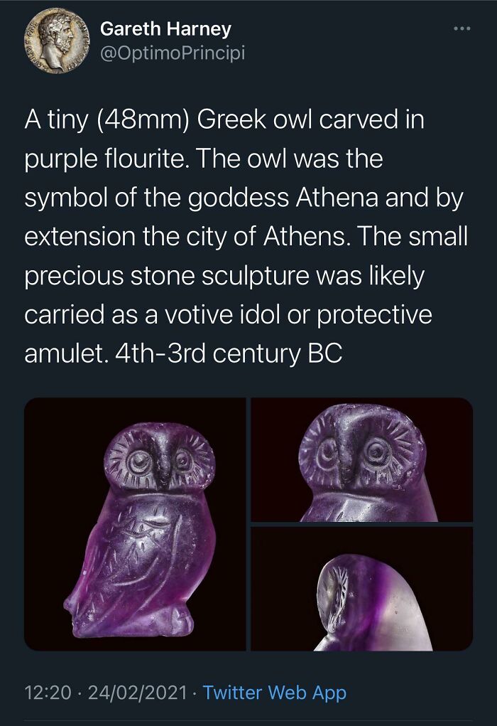 A Twitter post features a carved purple fluorite Greek owl, a forbidden food item, symbolizing ancient protective amulets.