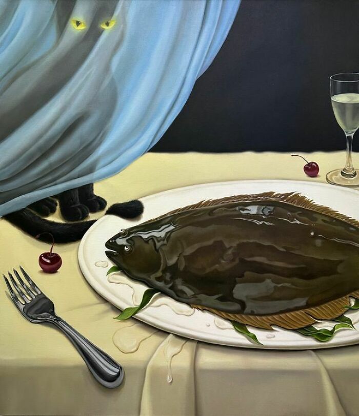 A black cat peeks from behind a blue curtain, gazing at a whole fish on a plate, portraying surreal moments.