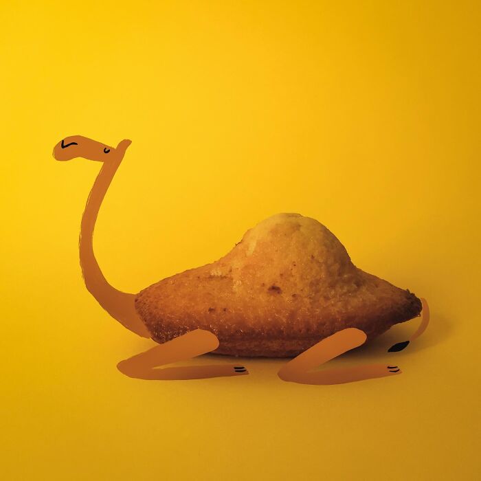 Everyday objects coming to life with a madeleine cake serving as a camel's hump in a playful illustration.