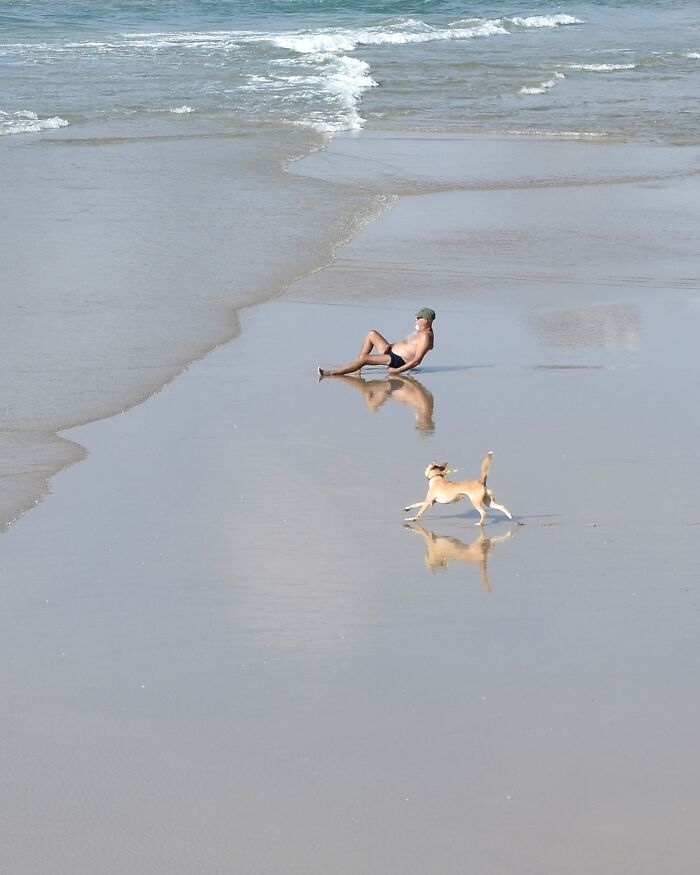 A photographer uses negative space to capture a person and dog on a minimalist beach.