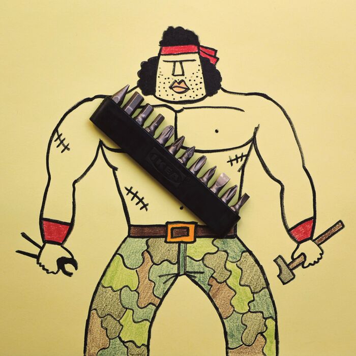 Action hero with an IKEA screwdriver bit holder as a bandolier in playful illustrations