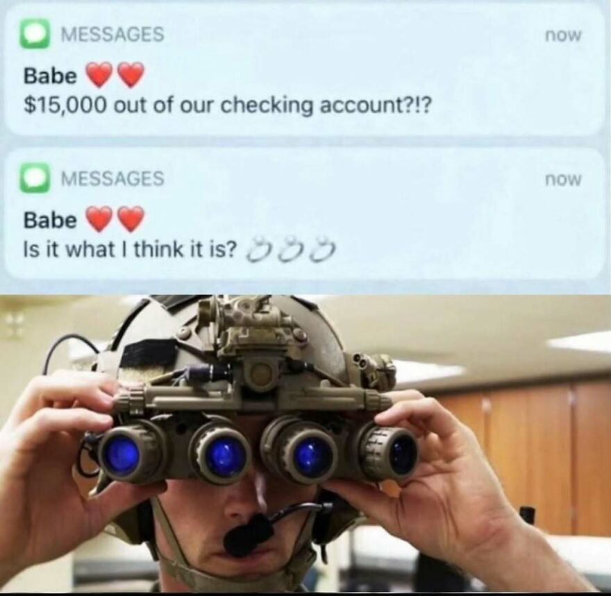 A disturbing and chaotic image showing text messages about $15,000 missing, paired with a man in night vision goggles.