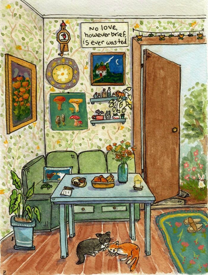 Cozy illustrated room with cats and nature art quirky home projects