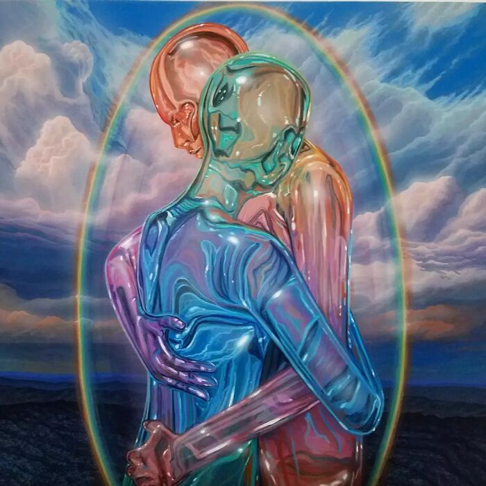 Surreal paintings by Wiley Wallace: Two translucent figures in an embrace, enveloped by a rainbow aura under a cloudy sky.