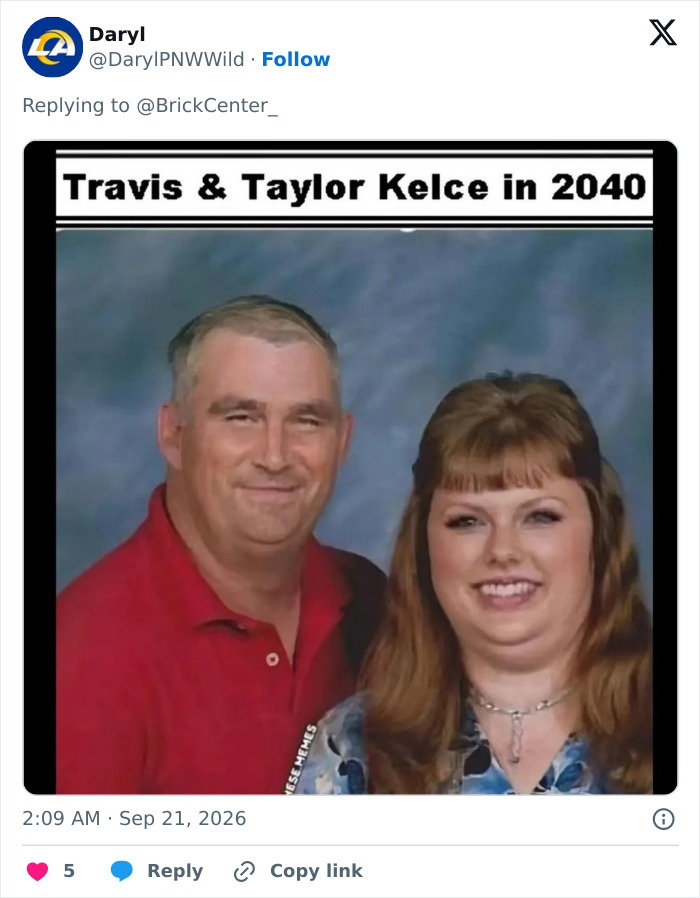 A humorous meme featuring an aged couple edited to look like Taylor Swift and Travis Kelce in the future.