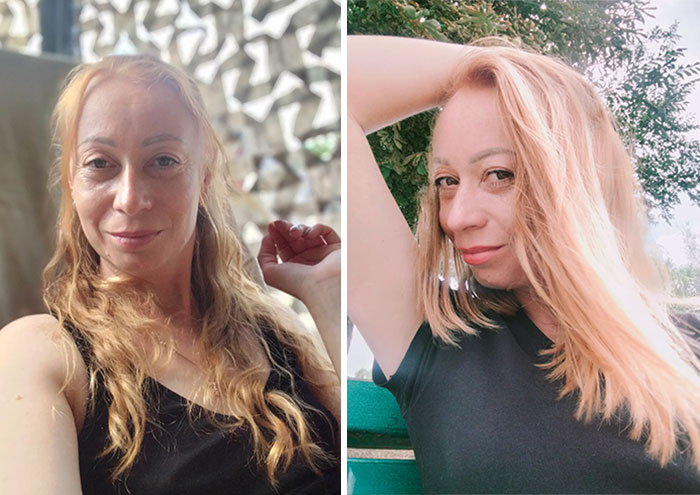 A woman looking completely different after leaving unhappy marriages, with a noticeable glow and more confident posture post-divorce.