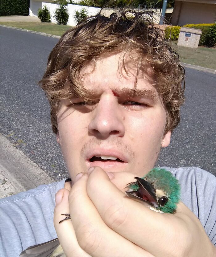 A man holding a tiny, truly bizarre green bird, with a cut on his forehead, making one wonder if they are hallucinating.