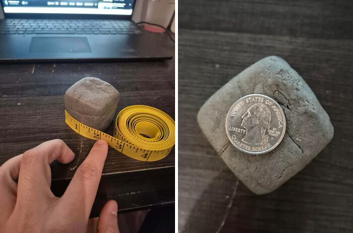 A truly bizarre photo split: a hand measuring a small cube with a tape measure, and a quarter on another cube.