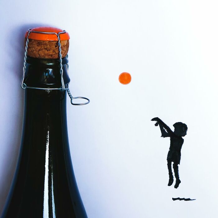 Playful illustrations by Romain Joly featuring a champagne bottle cork as a basketball hoop and a drawn player