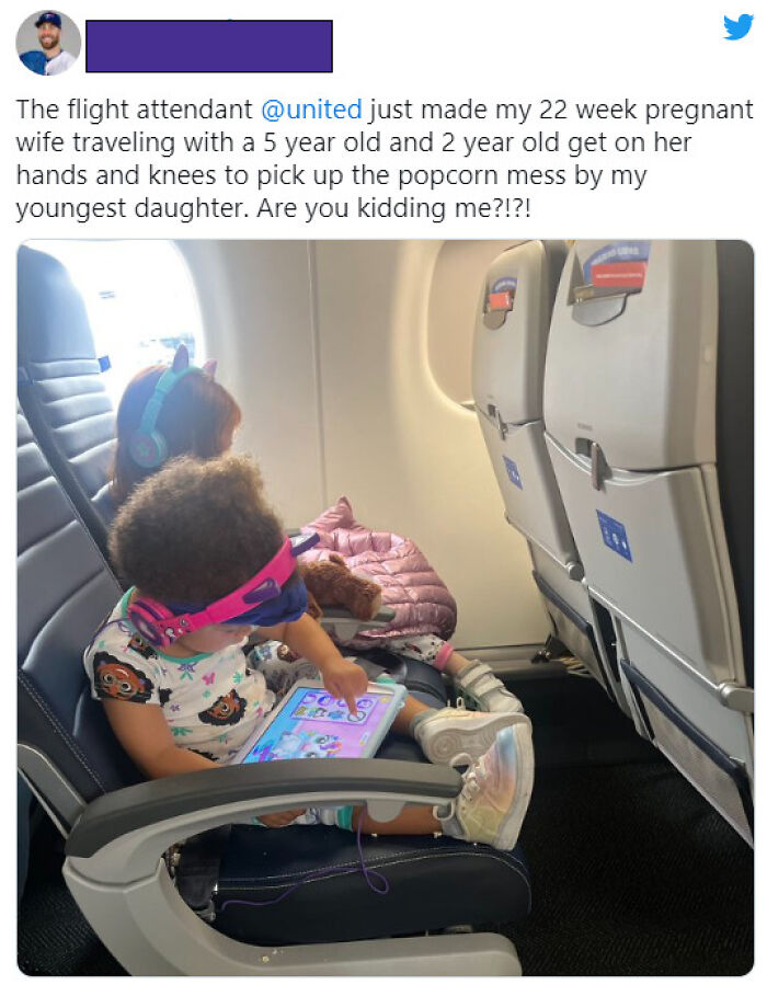 A child on an airplane, part of a family getting a reality check from flight attendants at 30,000 feet.