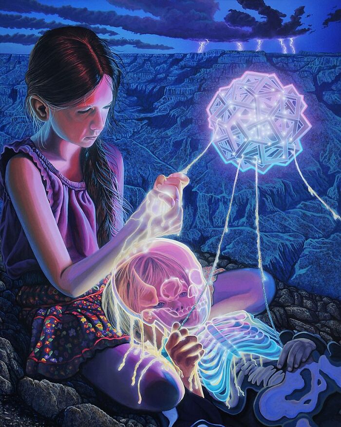 Surreal paintings by Wiley Wallace: A girl manipulates glowing energy connected to a geometric object and a child's glowing skeleton.