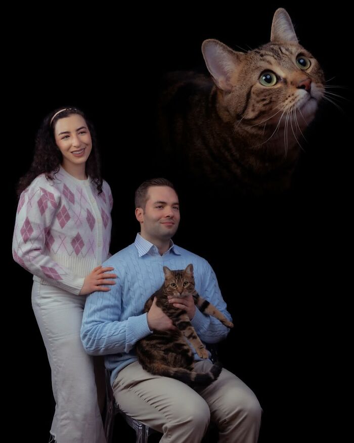 A quirky portrait of pets and their owners featuring a smiling couple holding a tabby cat, with a large tabby cat head floating above them.