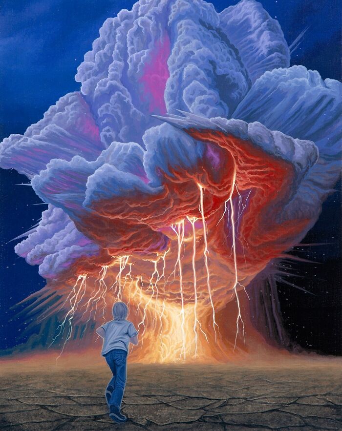 A lone child stands before a massive, thunderous cloud with lightning strikes in a surreal painting by Wiley Wallace.
