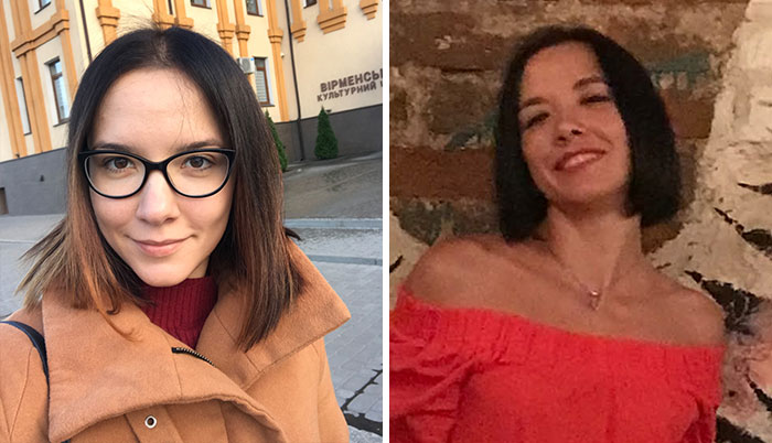 A woman with glasses and ombre hair, before and after leaving unhappy marriages.