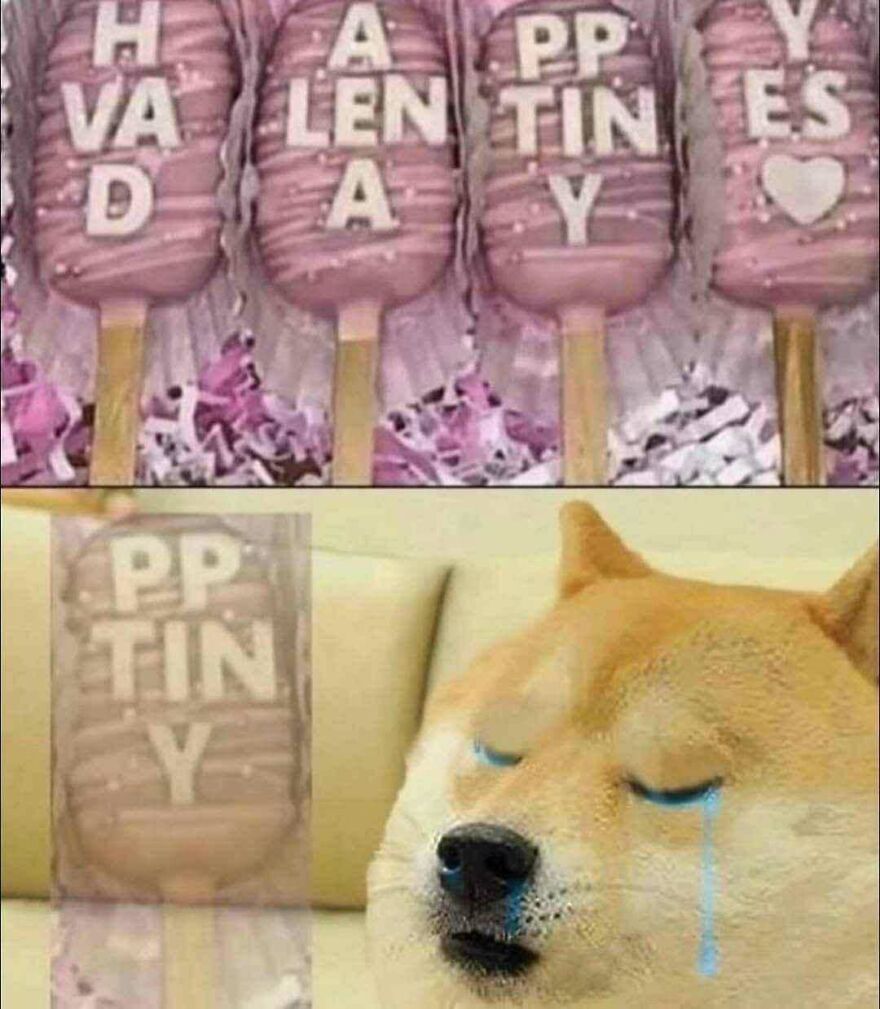 A chaotic image of cake pops spelling HAPPY VALENTINES DAY, with PP TIN Y shown separately and a crying doge.