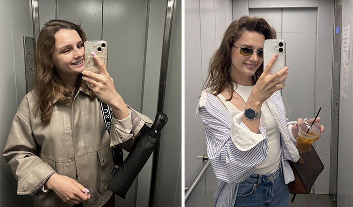 A woman looking completely different after leaving unhappy marriages, before and after.