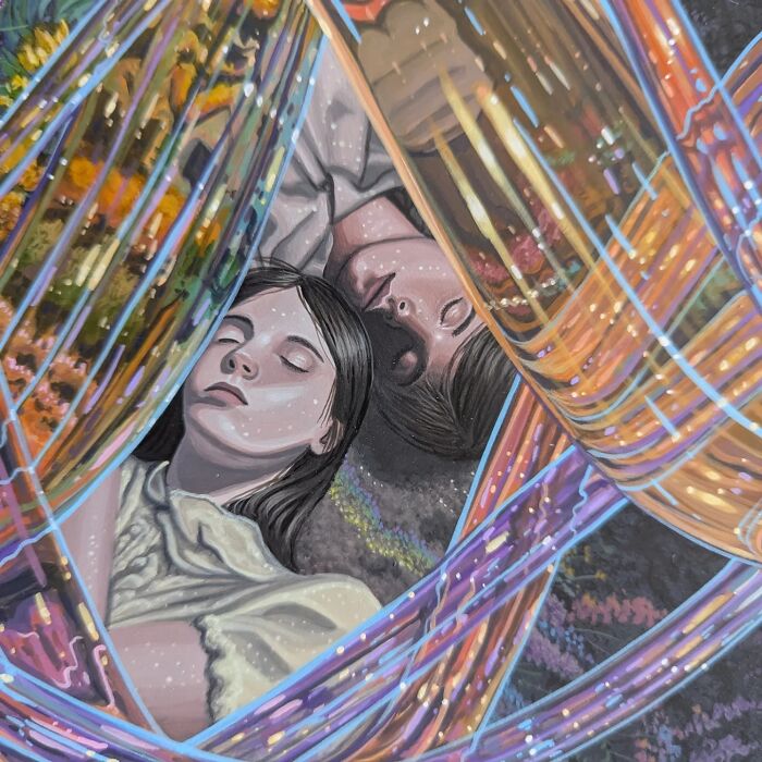 Two figures lying peacefully, intertwined with glowing, colorful ribbons, a surreal painting by Wiley Wallace.