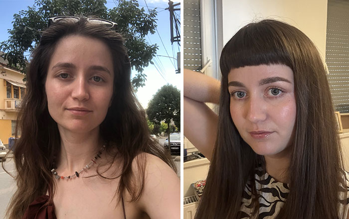 A woman with long brown hair, before and after leaving unhappy marriages.