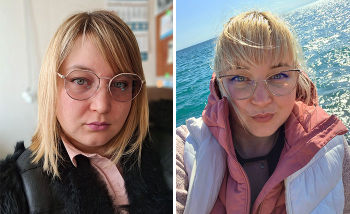 A woman looking completely different after leaving unhappy marriages, showing a noticeable change in expression and overall happiness.