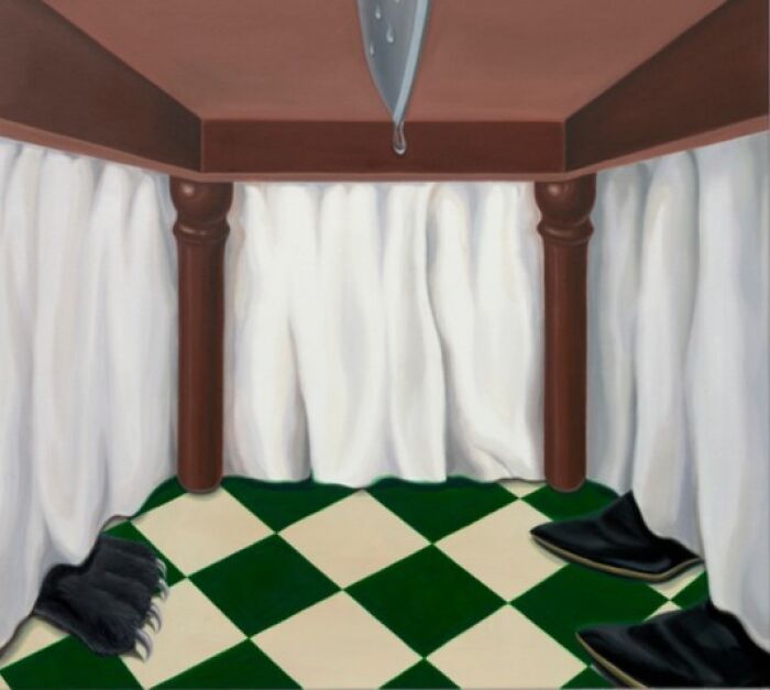 A surreal moment with monster paws and shoes under a table, a knife dripping from above on a checkered floor.